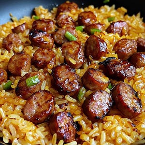 以下が含まれることがあります： ご飯とソーセージ、ネギを盛り合わせた料理のクローズアップ。ご飯はふっくらと炊き上がっており、ソーセージはこんがりと焼き色がついています。ネギは料理に彩りを添え、爽やかな風味をプラスしています。
