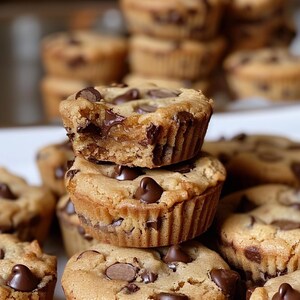 Può includere: Primo piano di mini cookie con gocce di cioccolato. I biscotti dorati sono cosparsi di gocce di cioccolato fondente. Alcuni sono impilati, altri sono sullo sfondo, creando una presentazione appetitosa.