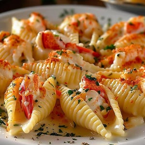 Puede incluir: Primer plano de un plato de pasta con forma de concha relleno de carne de langosta y salsa cremosa. La pasta está cubierta con hierbas y una pizca de condimento rojo anaranjado. Servido en un plato blanco.