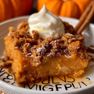 Può includere: Una porzione di budino di pane alla zucca, guarnito con panna montata e uno sciroppo. Il dessert ha una copertura friabile ed è servito su un piatto bianco con scritte nere. Bastoncini di cannella e zucche sullo sfondo.