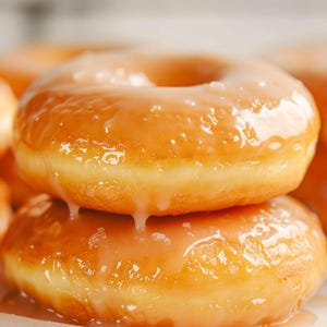 Puede incluir: Dos rosquillas glaseadas apiladas, con más borrosas en el fondo. Las rosquillas son de color marrón dorado con un glaseado brillante color ámbar que gotea por los lados. La imagen es un primer plano, que destaca la textura y los detalles.