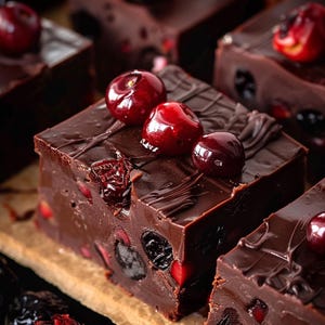 May include: Close-up of chocolate fudge squares topped with fresh cherries. The fudge is a rich, dark brown color, with visible pieces of cherries throughout. Each square is decorated with chocolate drizzle.