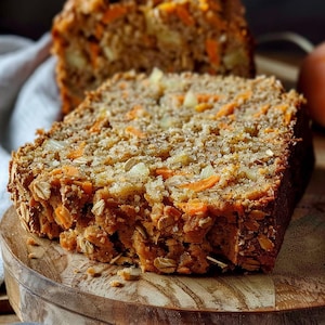 Op de afbeelding: Een plakje wortelbrood met zichtbare stukjes wortel en haver. Het brood ligt op een houten snijplank. Het brood heeft een goudbruine korst en een zacht, gestructureerd binnenwerk. Een ander brood ligt op de achtergrond.