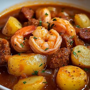 Può includere: Una ciotola di stufato sostanzioso con gamberi, salsiccia e patate. Lo stufato è di un ricco colore marrone rossiccio e guarnito con prezzemolo fresco.