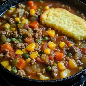 May include: A close-up of a bowl of hearty beef stew with vegetables like carrots, peas, corn, and onions. A slice of cornbread is on top of the stew.
