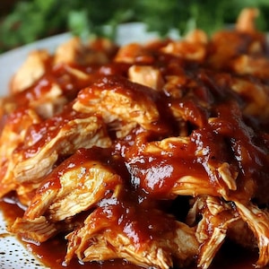 Pode incluir: Close-up de um prato de frango desfiado coberto com um molho barbecue rico e vermelho escuro. O frango é de cor castanho claro e o molho brilha, sugerindo um perfil de sabor doce e saboroso. Pronto para comer.