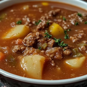 May include: A bowl of hearty beef stew with potatoes, carrots, and green peppers. The stew is topped with fresh parsley.
