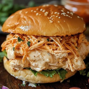 Può includere: Primo piano di un panino al pollo su un panino ai semi di sesamo. Il panino presenta pollo sfilacciato con una salsa cremosa e lattuga verde fresca. Il panino è dorato.