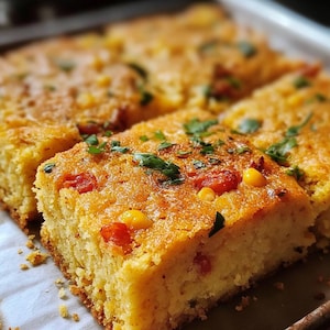 May include: A close-up of a golden brown cornbread with red and yellow corn kernels and green herbs on top. The cornbread is cut into squares and is on a white parchment paper-lined baking sheet.
