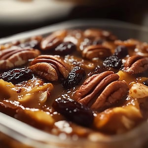 Könnte beinhalten: Nahaufnahme einer Auflaufform gefüllt mit einem süßen, braunen Pudding, der mit Pekannüssen und Rosinen belegt ist. Der Pudding hat eine satte, goldbraune Farbe und die Pekannüsse sind über den gesamten Auflauf verteilt.
