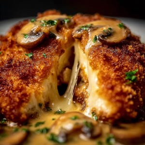 Pollo crujiente dorado con salsa de champiñones y parmesano: receta descargable para una cena reconfortante