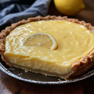 以下が含まれることがあります： 銀色のアルミ製のパイ皿の上に、レモンの輪切りが乗った黄色のレモンパイ
