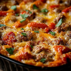 Può includere: Primo piano di un piatto di pasta al forno con salsiccia, pomodori e formaggio fuso. Foglie di basilico fresco guarniscono la parte superiore. Il piatto è in una pirofila nera, pronto per essere servito.