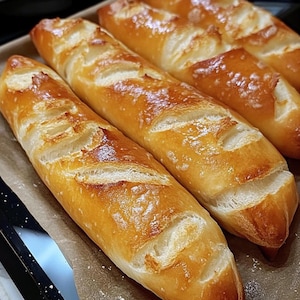 May include: Three golden brown bread rolls on a baking sheet lined with parchment paper. The rolls are slightly elongated and have a soft, fluffy texture.