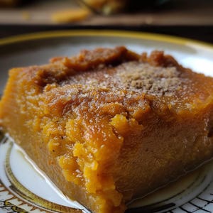 May include: A close-up of a square piece of pumpkin pie with a light brown crust and a sprinkle of cinnamon on top. The pie is on a white plate with a gold rim.
