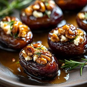 May include: Close-up of dates stuffed with goat cheese, pecans, and a drizzle of honey. The dates are arranged on a brown plate with sprigs of rosemary.