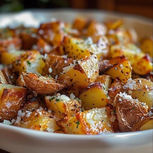 Peut inclure: Gros plan de pommes de terre rôties dans un bol blanc. Les pommes de terre sont dorées avec des bords croustillants, assaisonnées d'herbes et de gros sel. Un plat d'accompagnement ou une entrée.