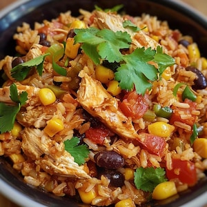 Può includere: Primo piano di una ciotola piena di un piatto di riso colorato. Il piatto comprende pollo cotto, chicchi di mais gialli, pomodori rossi, fagioli neri, peperoni verdi e coriandolo. Il riso è di colore marrone chiaro.