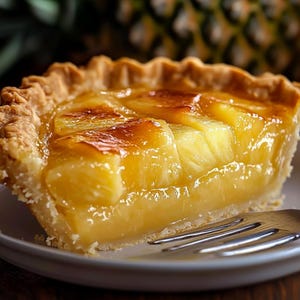 Puede incluir: Una porción de pastel de piña dorado con una corteza escamosa y un glaseado caramelizado brillante. El pastel está en un plato blanco con un tenedor plateado.