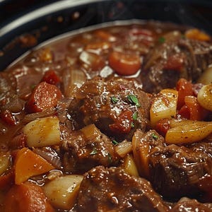 May include: A close-up shot of a slow cooker filled with beef stew. The stew contains chunks of beef, carrots, onions, and potatoes in a rich, dark gravy. Steam rises from the hot stew, suggesting it's freshly cooked and ready to eat.