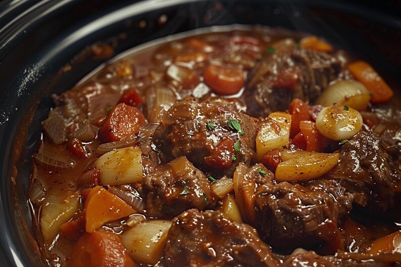 May include: A close-up shot of a slow cooker filled with beef stew. The stew contains chunks of beef, carrots, onions, and potatoes in a rich, dark gravy. Steam rises from the hot stew, suggesting it's freshly cooked and ready to eat.