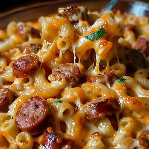 Könnte beinhalten: Nahaufnahme eines Käse-Makkaroni-Gerichts mit Wurstscheiben. Die Pasta ist mit geschmolzenem, orangefarbenem Käse bedeckt, mit sichtbaren Käsefäden. Garniert mit grünen Kräutern, hat das Gericht ein warmes, einladendes Aussehen.