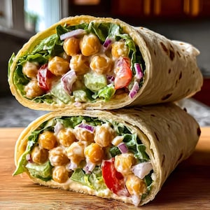 Puede incluir: Dos wraps apilados rellenos de garbanzos, lechuga, cebolla roja, tomate y un aderezo cremoso. Los wraps están cortados por la mitad, revelando el colorido relleno. La imagen está tomada sobre una superficie de madera.