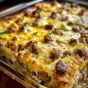 Sausage & Cream Cheese Hash Brown Breakfast Casserole Recipe - Printable Download