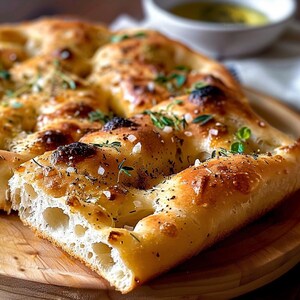 May include: Close-up of a golden-brown focaccia bread slice on a wooden board. The bread is topped with herbs, coarse salt, and pepper. A small bowl of olive oil is in the background, suggesting a culinary theme.