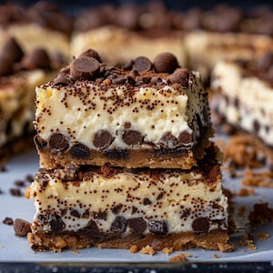 Può includere: Due fette di cheesecake sovrapposte, con gocce e scaglie di cioccolato. La cheesecake ha un ripieno cremoso bianco sporco e una base marrone scuro. Le gocce sono sparse.