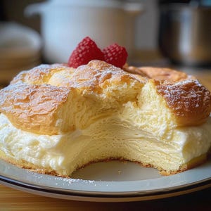 May include: A fluffy, layered cake with a creamy white filling and a dusting of powdered sugar. The cake is topped with two red berries and has a bite taken out of it, revealing the soft, airy texture.