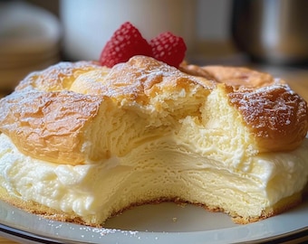 May include: A fluffy, layered cake with a creamy white filling and a dusting of powdered sugar. The cake is topped with two red berries and has a bite taken out of it, revealing the soft, airy texture.