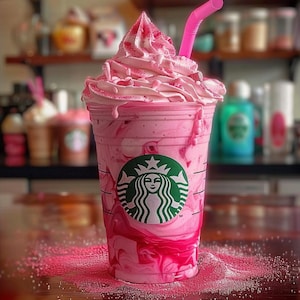 Puede incluir: Una bebida rosa de Starbucks en un vaso de plástico transparente, cubierta con crema batida y una pajita rosa. El logotipo de Starbucks es visible en el vaso. La bebida tiene un remolino de colores rosa y rojo.