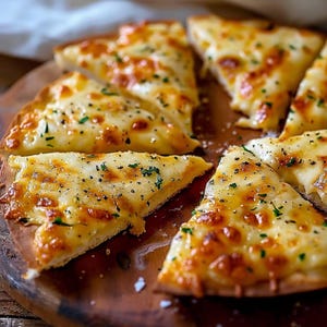 Könnte beinhalten: Nahaufnahme eines Holzbretts mit mehreren Scheiben Käse-Knoblauchbrot. Das Brot ist goldbraun mit geschmolzenem Käse und mit Kräutern bestreut. Die Kruste ist knusprig und der Käse blubbert.