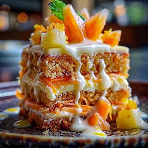 May include: A layered carrot cake with white icing cascading down the sides. The cake is decorated with orange segments, pineapple pieces, and a mint sprig. It is presented on a patterned plate.