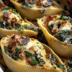 Puede incluir: Primer plano de un plato de conchas de pasta horneadas rellenas de espinacas, champiñones y queso. Las conchas son de color marrón dorado y el relleno es cremoso y burbujeante. El plato está adornado con perejil fresco.
