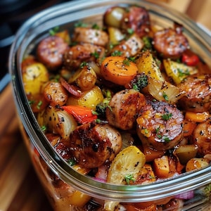 Può includere: Un contenitore di vetro pieno di salsiccia arrosto, patate, carote, cipolle e peperoni rossi. Il piatto è guarnito con erbe fresche e sembra essere condito con spezie. Il cibo è cotto in un colore marrone dorato.