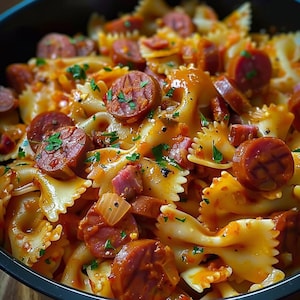 Può includere: Primo piano di una ciotola piena di pasta farfalle cotta, fette di salsiccia e un ricco sugo di pomodoro. La pasta è condita con il sugo e guarnita con prezzemolo fresco. La salsiccia è di un colore marrone rossiccio scuro.