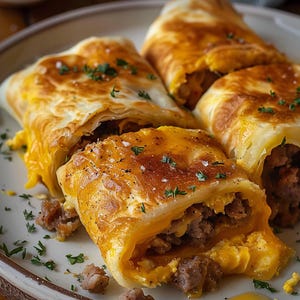 Rezept für Frühstücksröllchen mit Wurst, Ei und Käse – Einfache Frühstückskarte zum Ausdrucken
