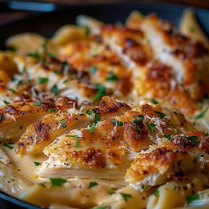 Receta descargable de pasta con pollo, queso, ajo y parmesano en sartén: un plato cremoso en una sola sartén