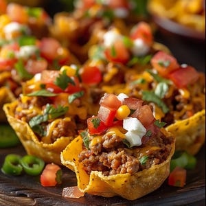 May include: Close-up of several golden-brown tortilla bowls filled with seasoned ground meat, melted cheddar cheese, diced tomatoes, sour cream, and cilantro. Sliced jalapeños and tomato pieces are scattered around the bowls.