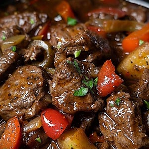 May include: A close-up shot of a rich beef stew, featuring tender pieces of meat, bright red bell peppers, and golden potatoes. The stew is sprinkled with fresh green herbs, presenting a delicious and appetizing meal.