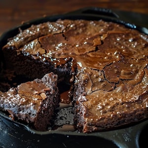 Peut inclure: Un gros plan sur un brownie au chocolat cuit dans une poêle en fonte. Le brownie est craquelé et a une surface brillante et lustrée.