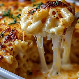 Può includere: Primo piano di un piatto di maccheroni al formaggio al forno. La pasta è ricoperta di formaggio fuso marrone dorato, con alcuni fili che si allungano. Guarnito con erbe verdi fresche, il piatto è in una pirofila bianca.