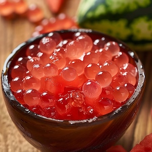 May include: A close-up shot of a dark brown bowl filled with bright red, translucent spheres, resembling caviar, in a red liquid. The bowl sits on a wooden surface, with watermelon slices and a watermelon rind visible in the background.