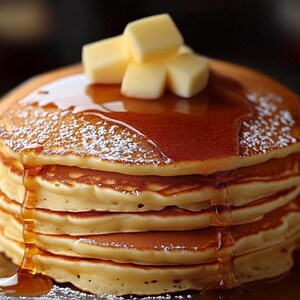 Può includere: Un mucchio di pancake dorati ricoperti di burro fuso e un filo di sciroppo d'acero. I pancake sono spolverati con zucchero a velo.