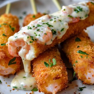 May include: Close-up of breaded shrimp skewers topped with creamy white sauce and chopped parsley. The shrimp are visible inside the golden-brown, crispy breading. The dish is served on a white plate.