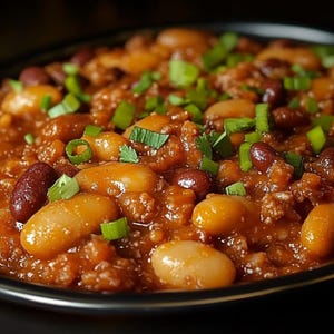 Op de afbeelding: Een close-up van een kom chili met bonen, gehakt en lente-uitjes. De chili is een rijke, donkerbruine kleur en is gegarneerd met verse lente-uitjes.