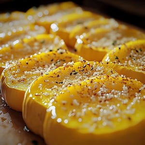 Puede incluir: Primer plano de varias rodajas de calabaza amarilla, sazonadas con hierbas y especias. La calabaza está dispuesta en fila, con un enfoque en el color vibrante y la textura de la comida. El plato parece estar preparado y listo para comer.
