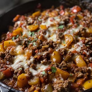 Könnte beinhalten: Nahaufnahme einer Pfanne mit einer herzhaften Mahlzeit. Das Gericht besteht aus Hackfleisch, gelben Paprika, gewürfelten Tomaten und geschmolzenem Käse. Frische Kräuter garnieren die Oberseite und sorgen für eine farbenfrohe und appetitliche Präsentation.